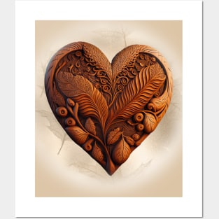 Wood Carved Heart Feather Posters and Art